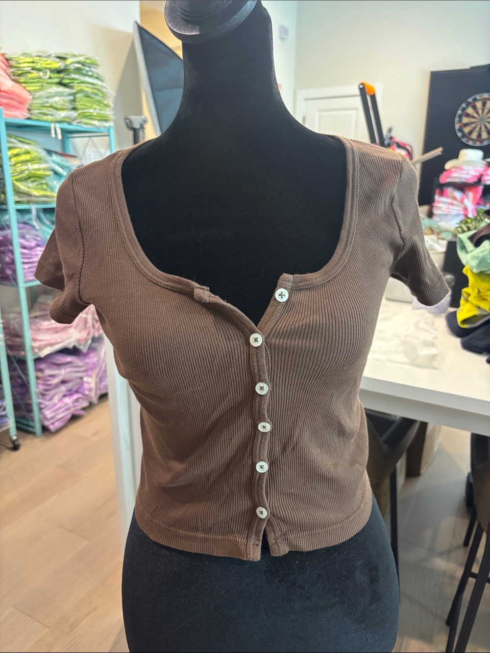 Brandy Melville Brown Ribbed Button-Front Crop Top